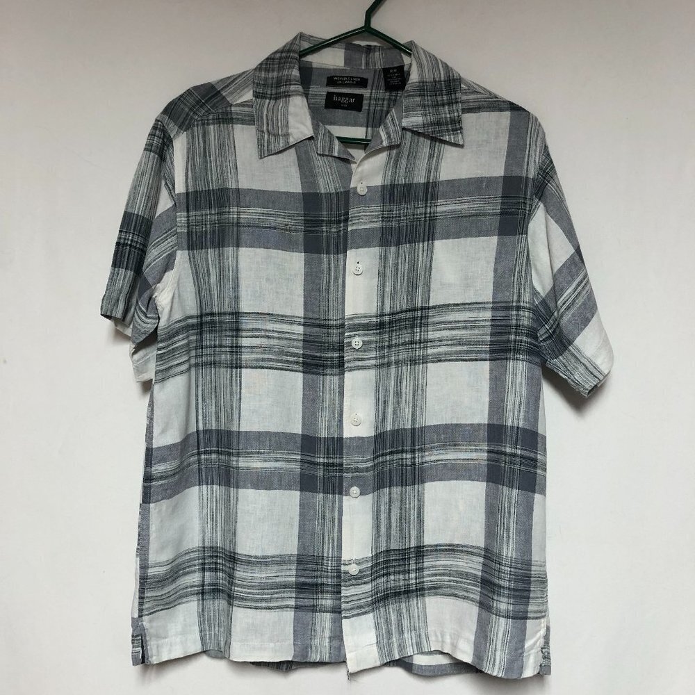 Haggar Men's Linen Plaid Grey & White Short Sleeve Button Down Shirt Size M